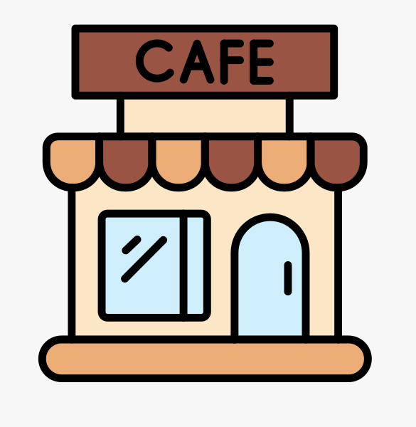 A cartoon illustration of a coffee shop with a sign that says 'CAFE' on top, a large front window, and an entrance door, with a striped awning above the window and door.