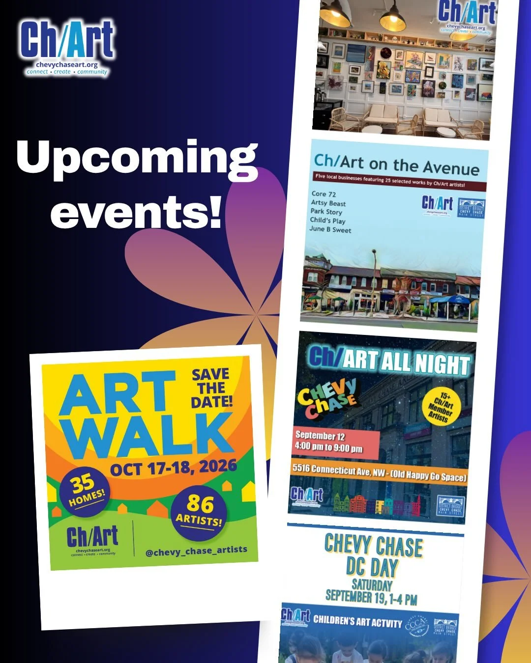 Ch/Art is pleased to present its upcoming events!

Barista
Date: Daily
Hours: 7:00 am to 6:00 pm
Location: The Arcade at 5520 Connecticut Ave NW
 
Ch/Art on the Avenue
Dates: September 1 - October 20, 2026
Hours: The hours of the local business
Locat
