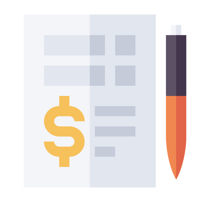 A financial report with a large dollar sign, bar chart, and a pen.