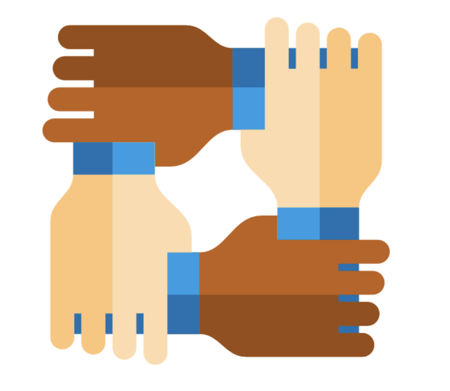 Four stylized hands with different skin tones interconnected, forming a square design.