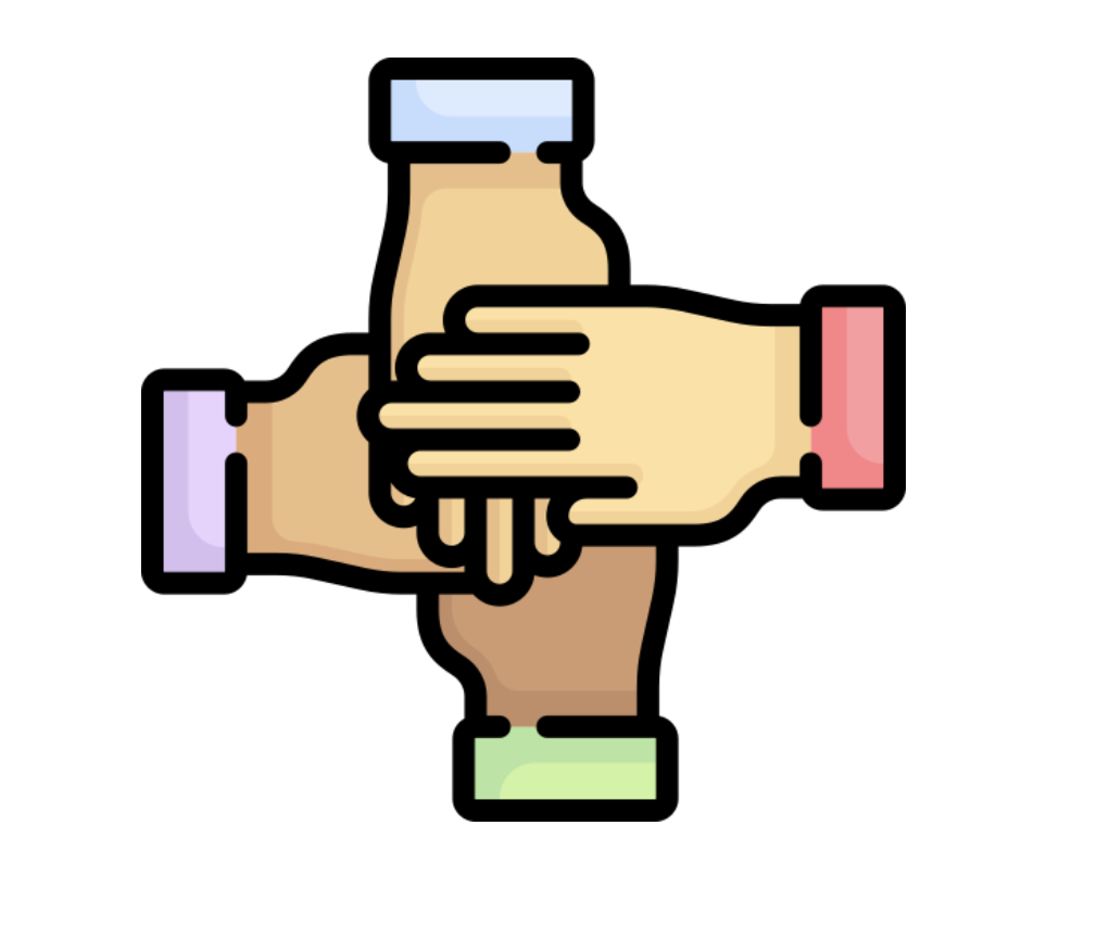 Four hands stacked on top of each other in a symbol of teamwork and unity.