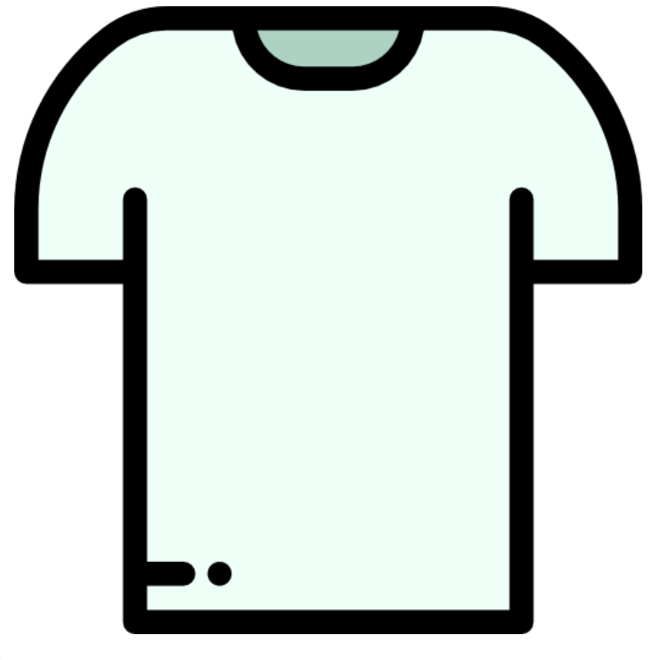 Simple illustration of a light blue T-shirt with black outline, short sleeves, round collar, and a small black dot near the bottom left.