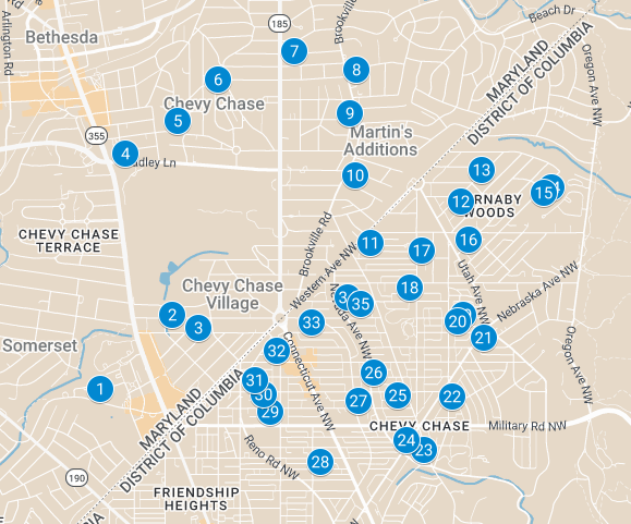 Map of the Chevy Chase area in Maryland with numbered blue markers indicating specific locations.