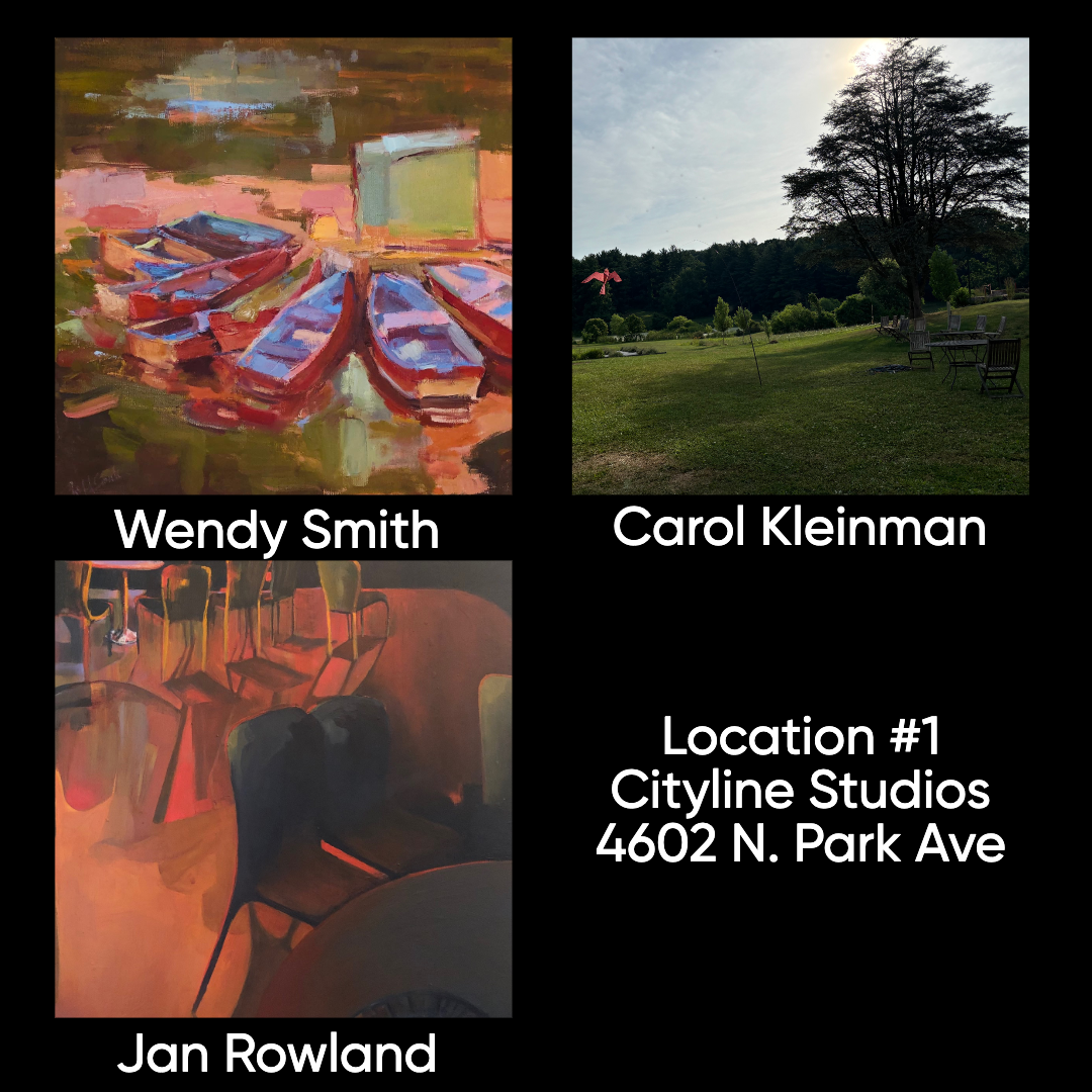 An art gallery invitation featuring abstract paintings by Wendy Smith and Jan Rowland, and a photograph of a park with a large tree, benches, and a flag, along with location details at Cityline Studios, 4602 N. Park Ave.