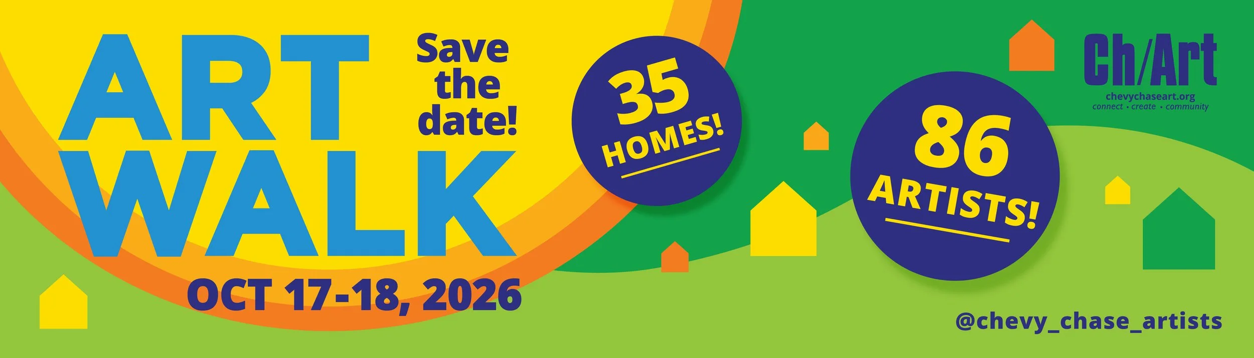 Bright and colorful promotional banner for an art walk event scheduled for October 17-18, 2026. The banner highlights the participation of 35 homes and 86 artists, with the event organized by Chevy Chase Artists. It features large, bold blue text for the event name, and includes various small house icons in yellow and green, as well as the Chevy Chase Art logo and social media handle.