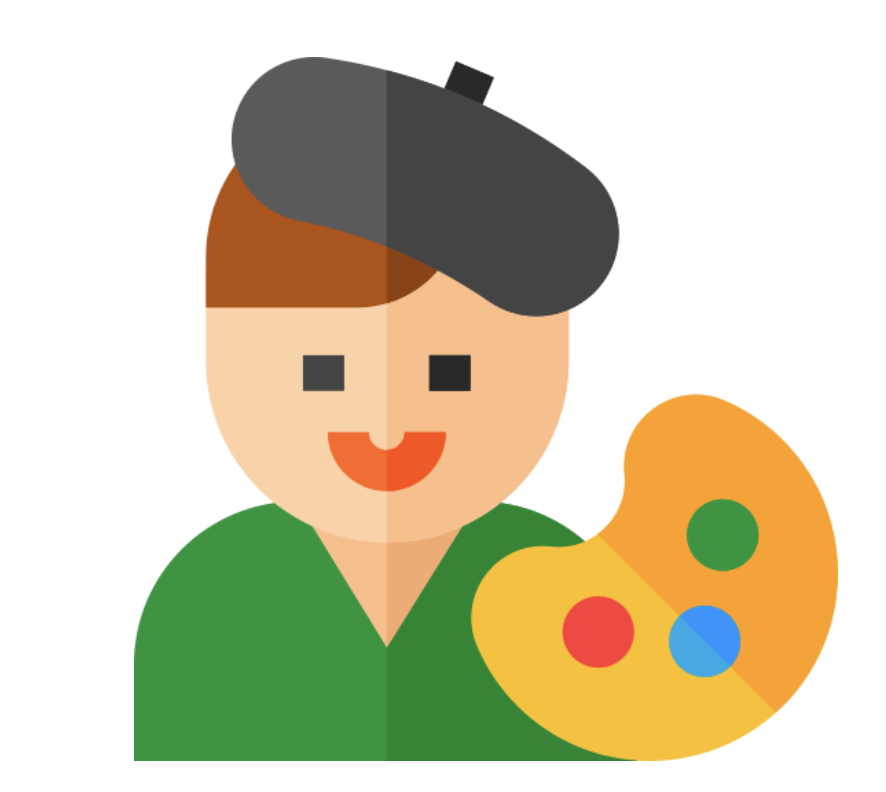 Illustration of a person with short brown hair, wearing a green shirt, holding an artist's palette with colorful paint blobs, smiling.