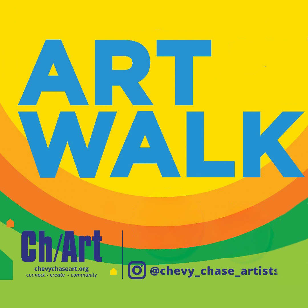 Colorful promotional graphic with large blue text reading 'ART WALK' on a yellow and orange circular background, with smaller text in purple and blue, including a website URL and social media handle, promoting an art community event.
