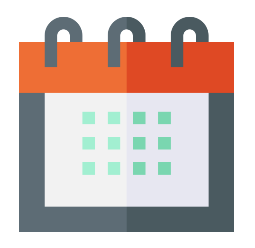 Digital calendar with an orange header, gray binding, and light blue dates.