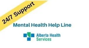 Logo for Alberta Health Services with a yellow banner that says '24/7 Support' and text indicating 'Mental Health Help Line'