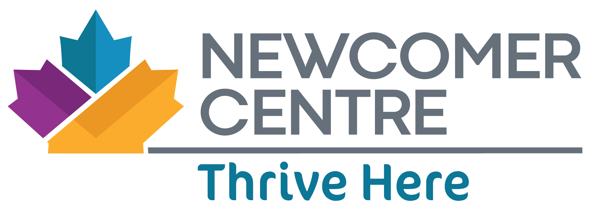 Logo for Newcomer Centre Thrive Here with a colorful geometric hand and text details.