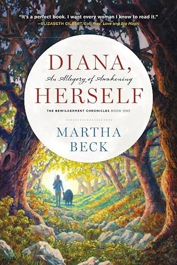 Book cover titled 'Diana, Herself' by Martha Beck, featuring an illustration of a woman walking with a dog in a colorful forest scene with large trees and bright sunlight.