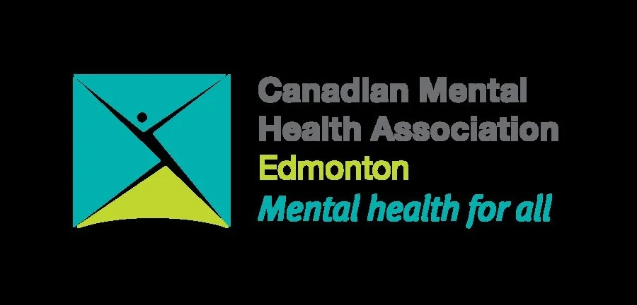 Logo of the Canadian Mental Health Association, Edmonton branch, with a colorful abstract human figure and the slogan 'Mental health for all'.