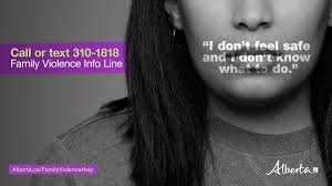 A black and white photo of a person with long hair, with a purple and white text overlay about family violence and a phone number for help.