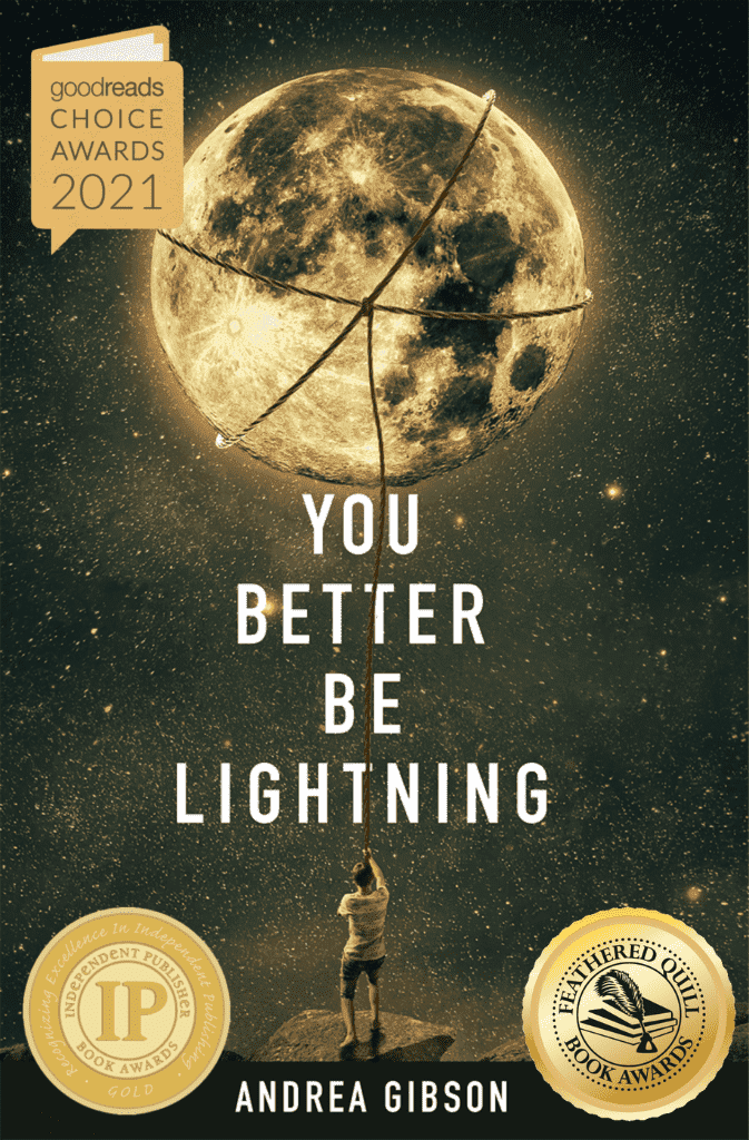 Book cover titled "You Better Be Lightning" by Andrea Gibson, featuring a person holding a rope connected to the moon, which has a crack running through it, set against a starry night sky with awards logos.