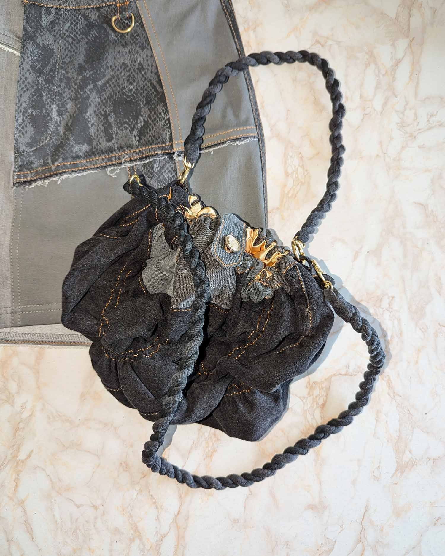 BIJOU PURSE - upcycled black and grey denim and golden satin double-faced bag (4).jpg