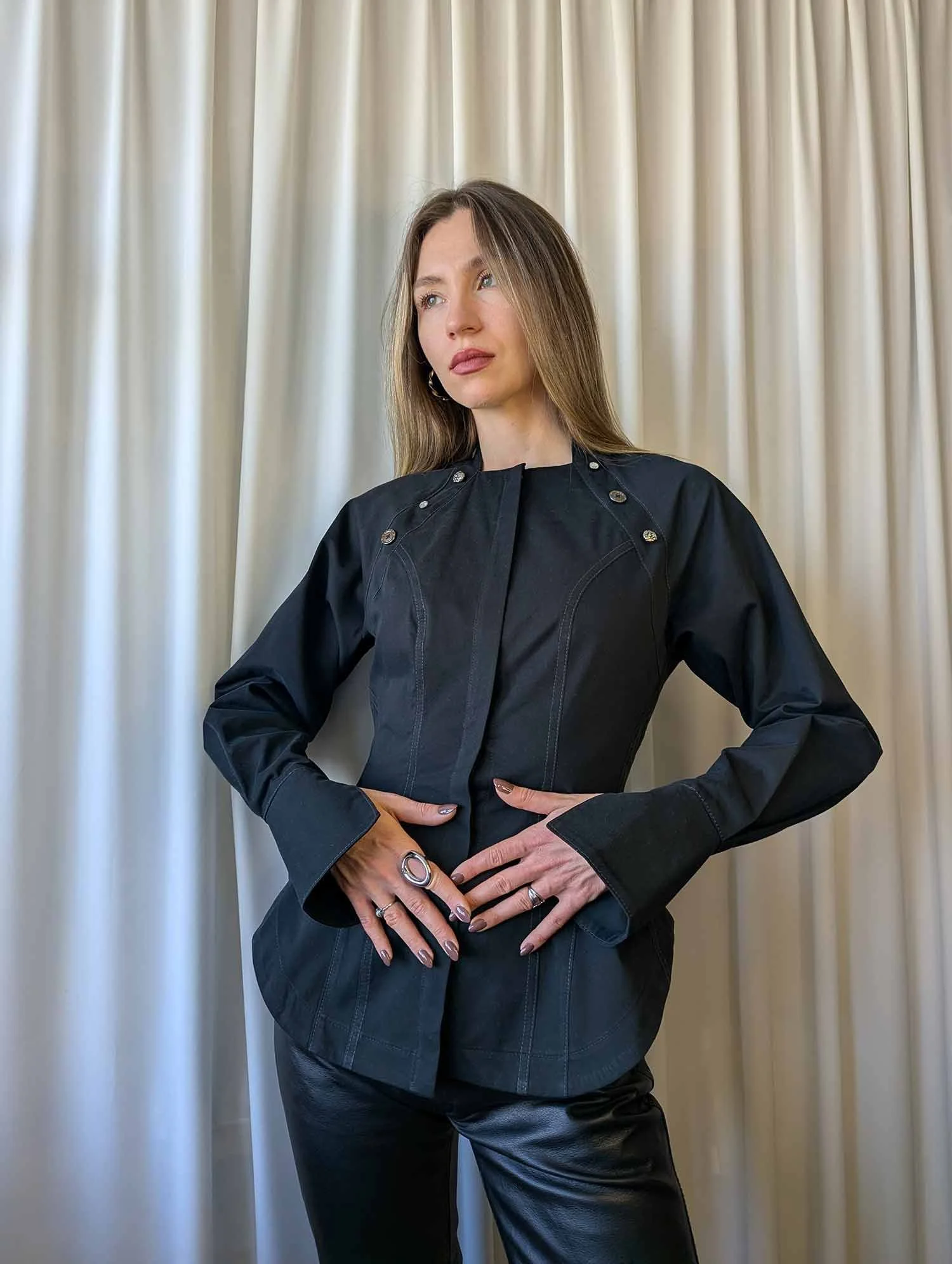NORA button-up cotton shirt in black with silver buttons 3.jpg