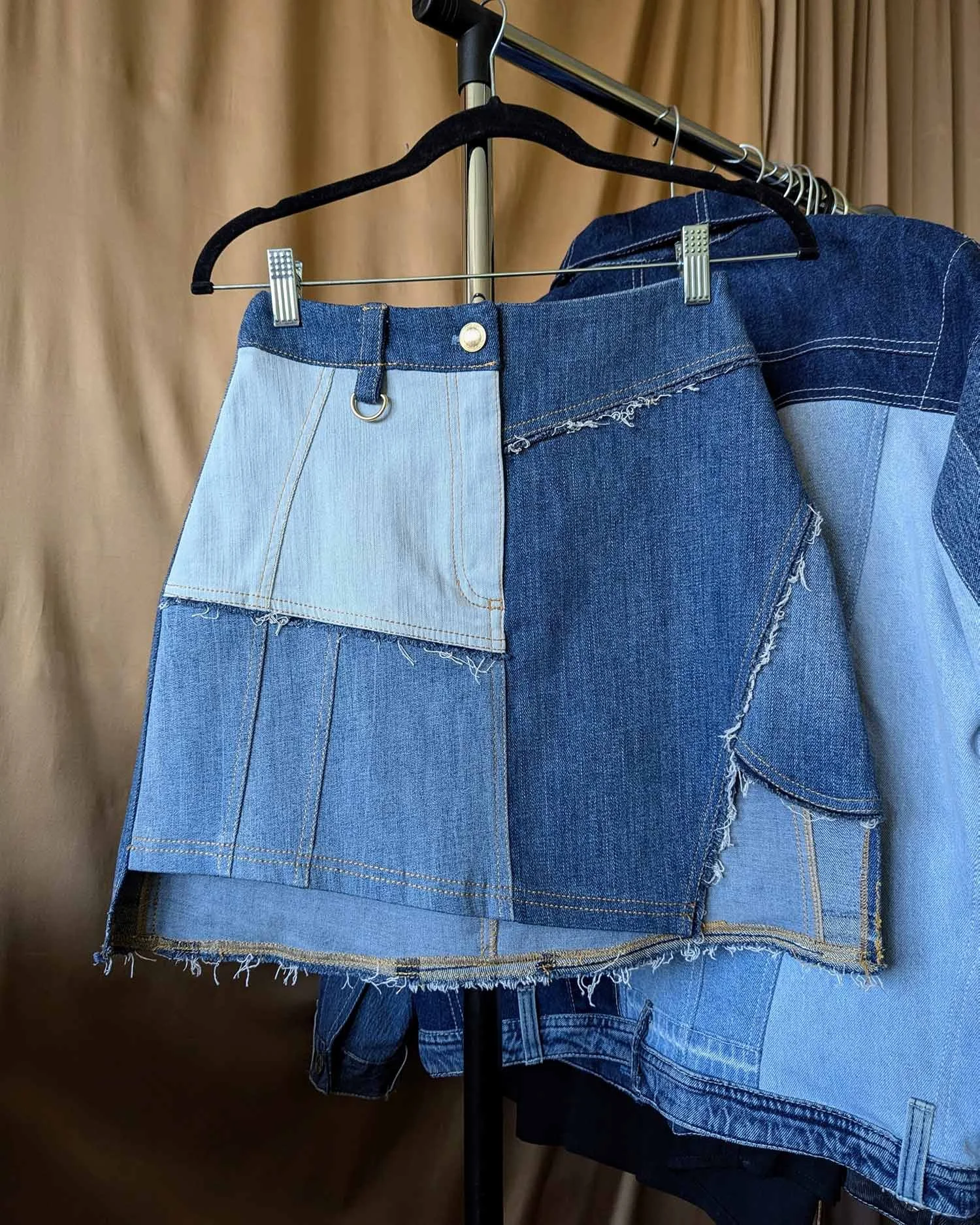 MIMA upcycled blue denim short skirt golden details 1.jpg