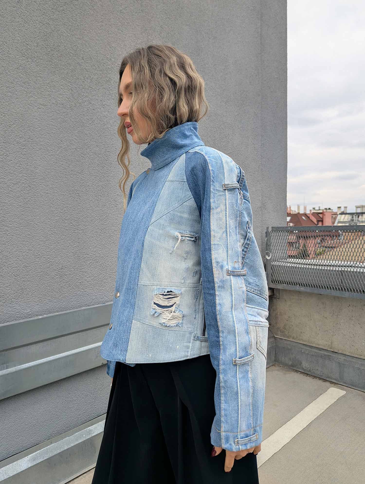 Cropped denim trench coat from reconstructed denim in blue upcycled denim - SIM K (4).jpg