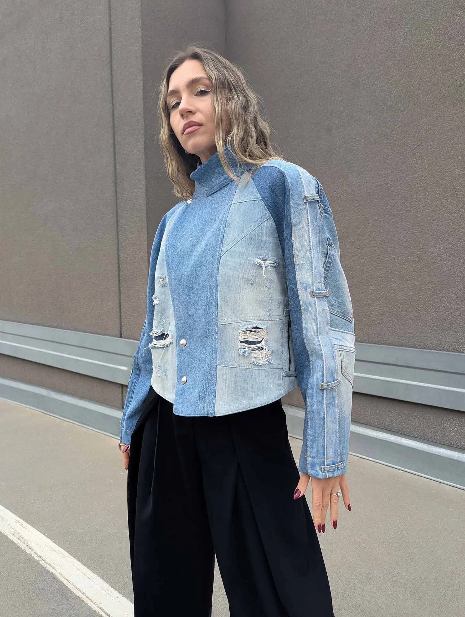 Cropped denim trench coat from reconstructed denim in blue upcycled denim - SIM K (1).jpg