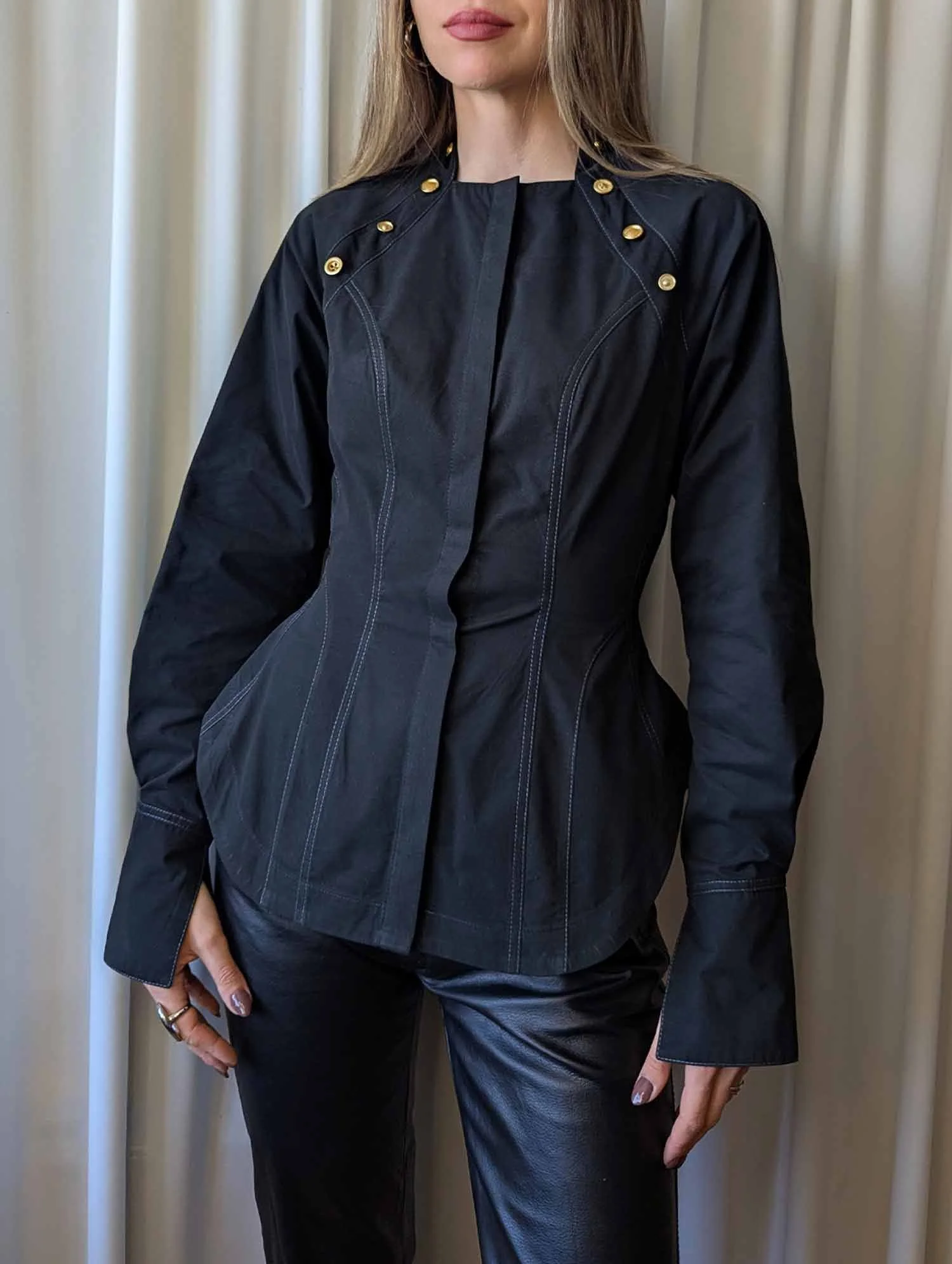NORA button-up cotton shirt in black with golden buttons