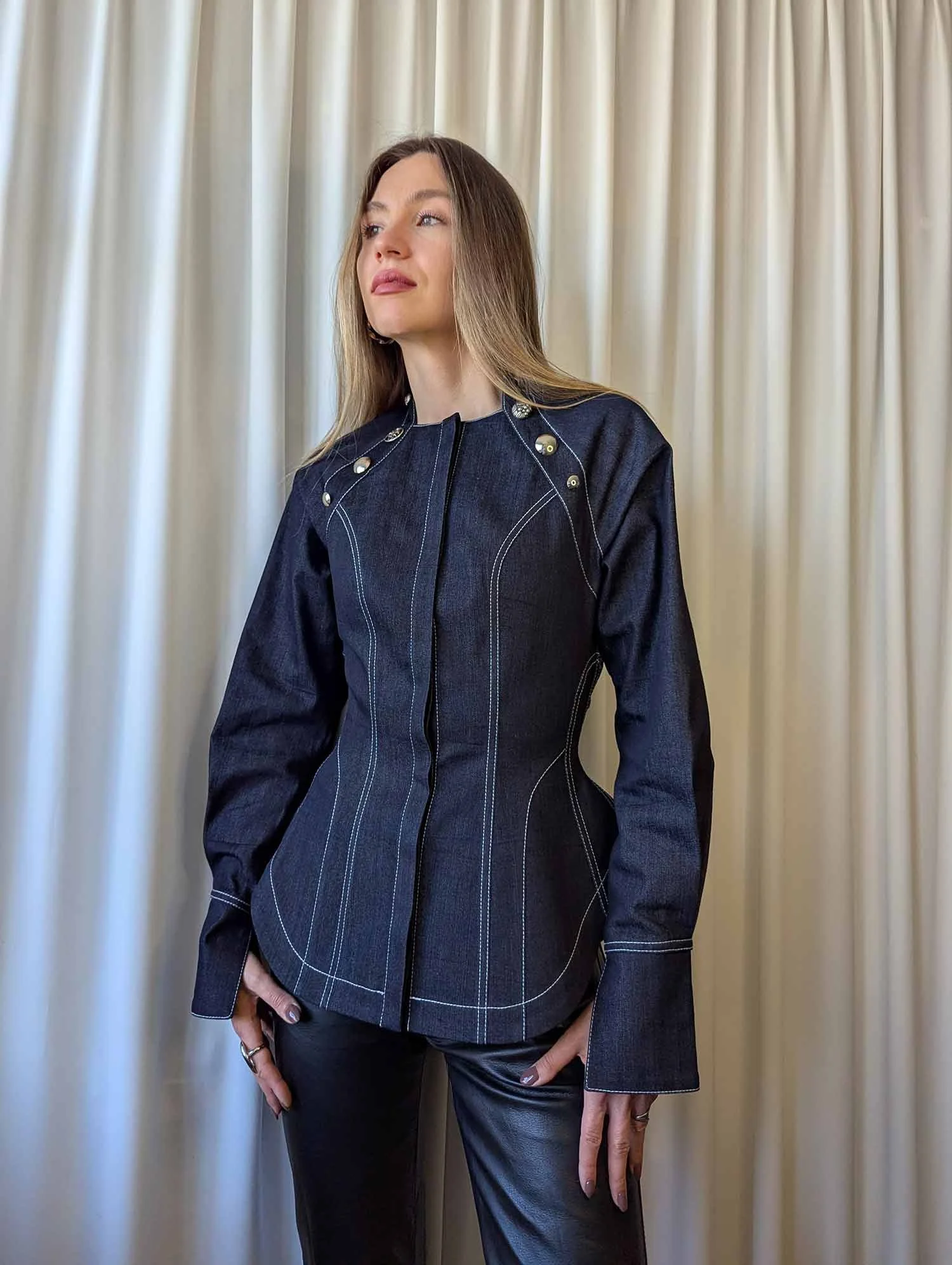 NORA shirt from deadstock denim in dark blue and silver buttons 1.jpg