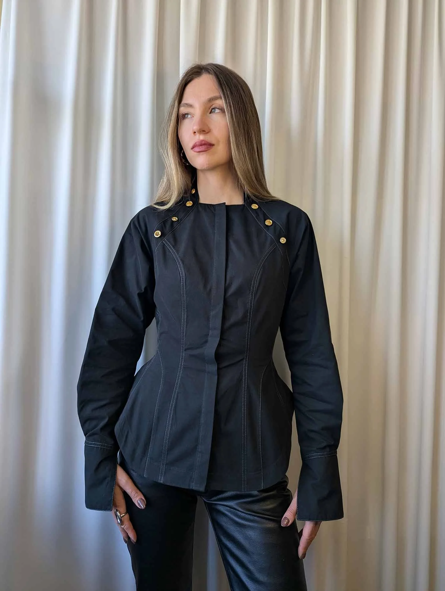 NORA button-up cotton shirt in black with golden buttons 2.jpg