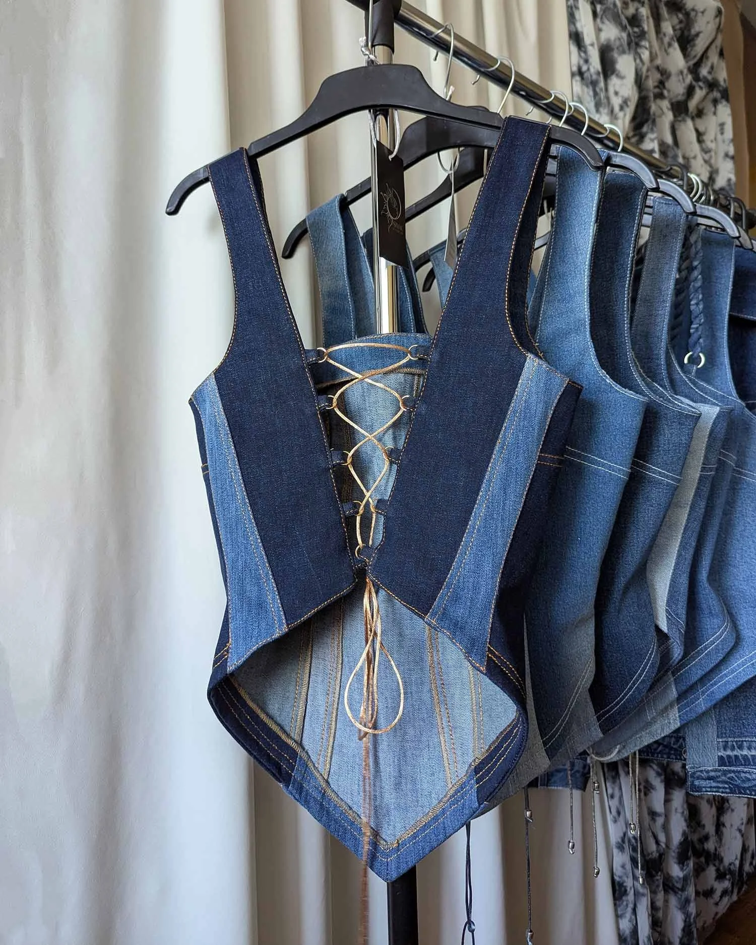 CLEA upcycled denim corset top blue and golden 2.jpg
