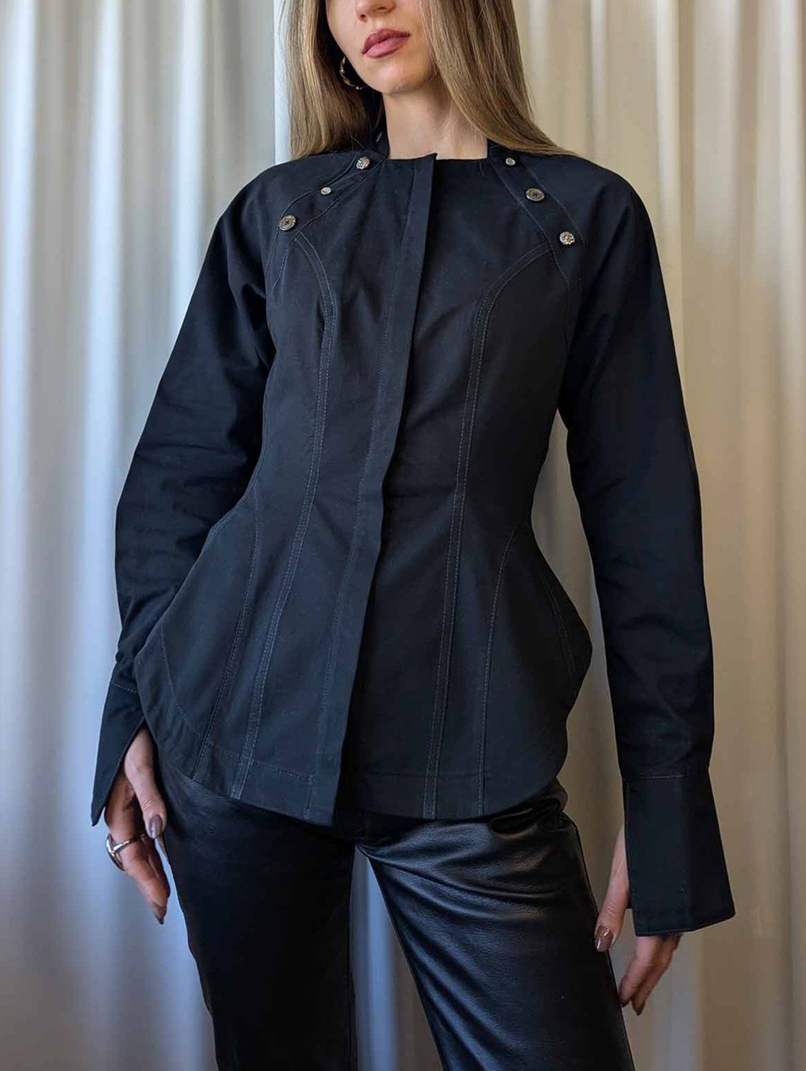 NORA button-up cotton shirt in black with dark silver buttons