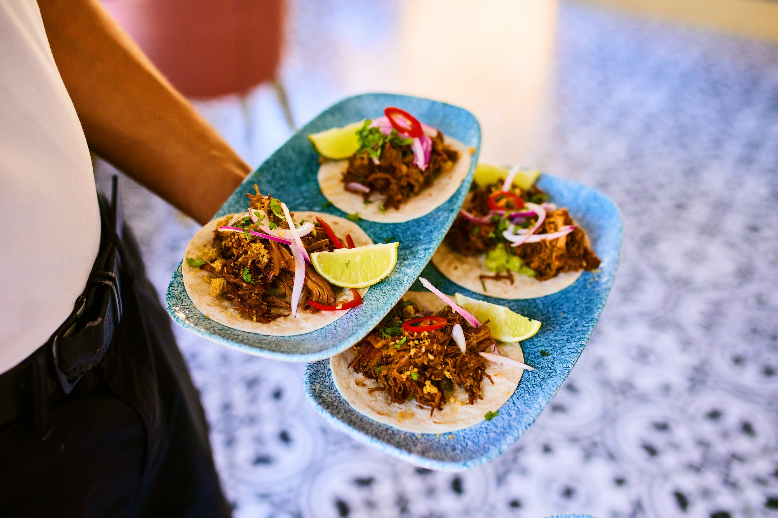 A person holding two blue plates with tacos filled with shredded meat, topped with sliced red onions, jalapeños, cilantro, and lemon wedges.