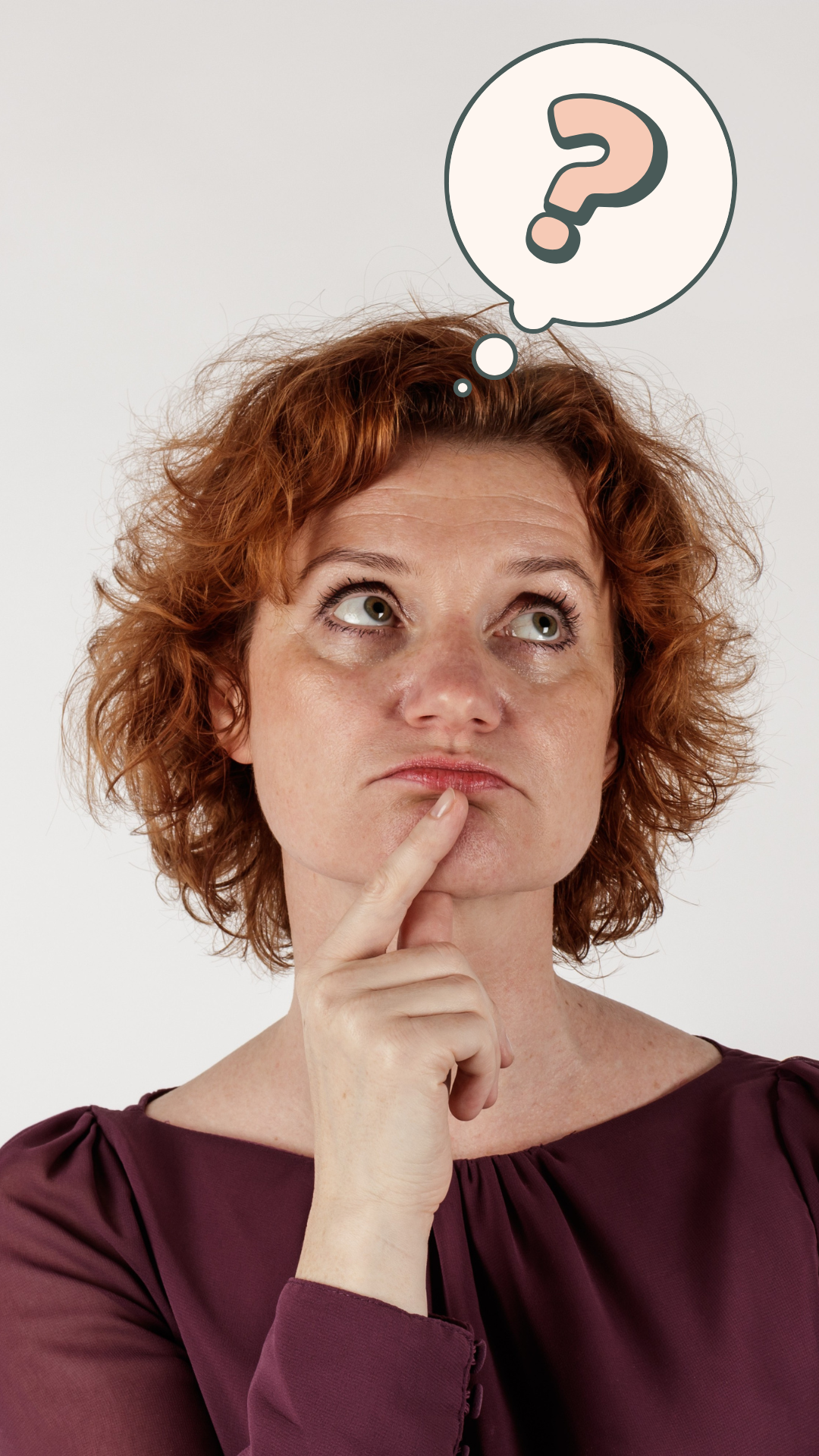 Woman looking up with a question mark, representing overthinking and decision fatigue