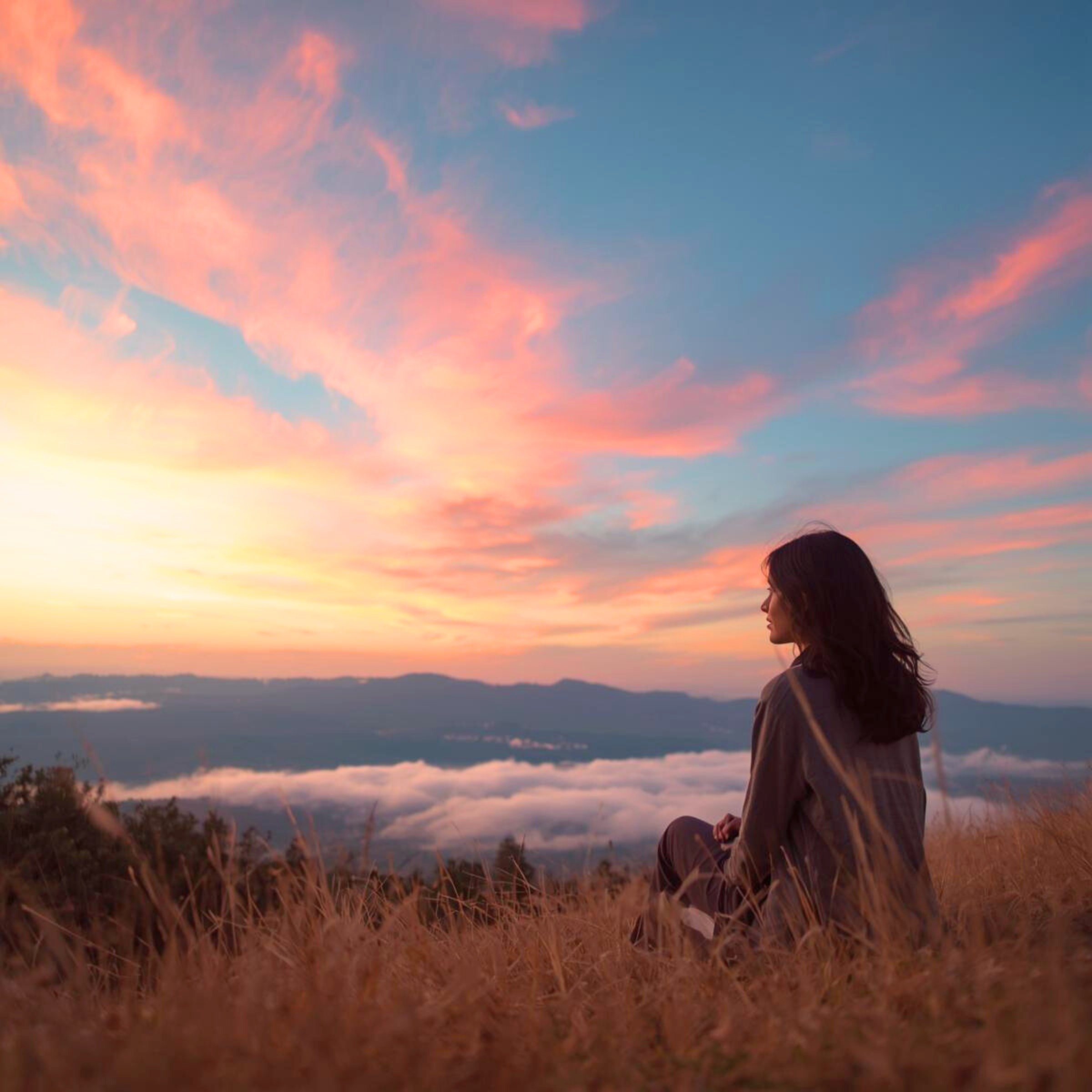 Woman sitting quietly on a hillside at sunset, reflecting on ADHD burnout and mental fatigue that isn’t visible from the outside