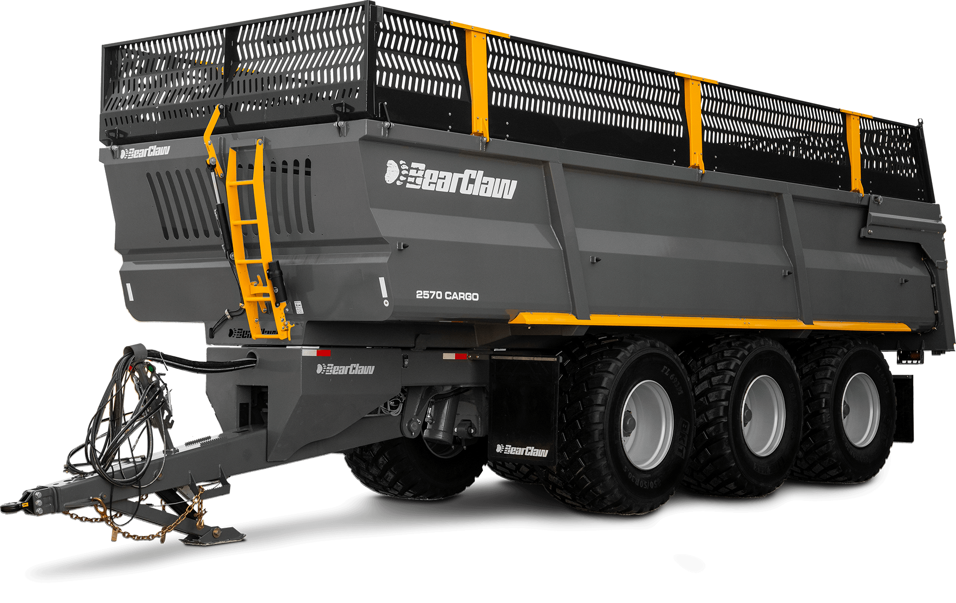 A large, gray BearClaw 2570 Cargo heavy-duty trailer with black tires, orange safety bars, and a black perforated guardrail on top, used for transporting goods.