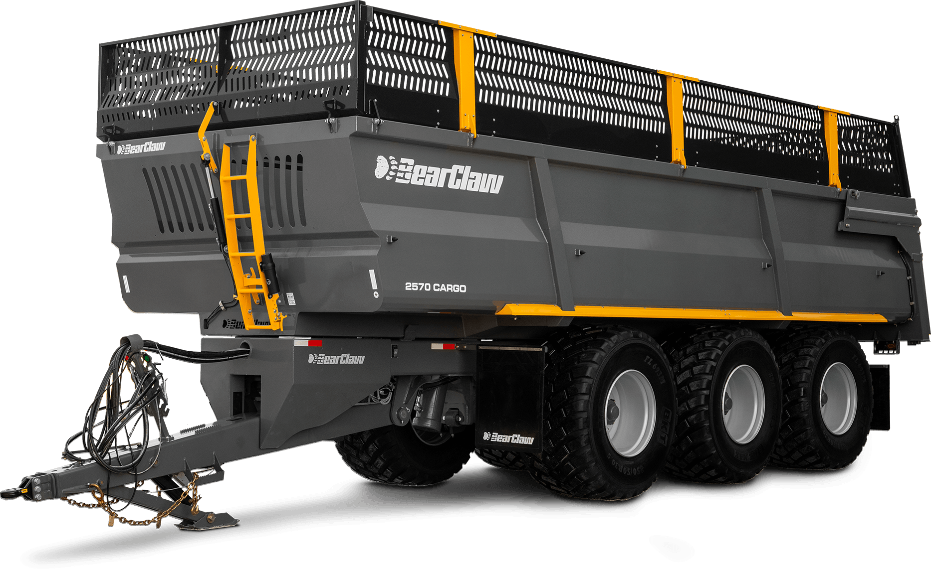 Large gray BearClaw 2570 Cargo trailer with black and yellow safety features and heavy-duty tires on a black background.
