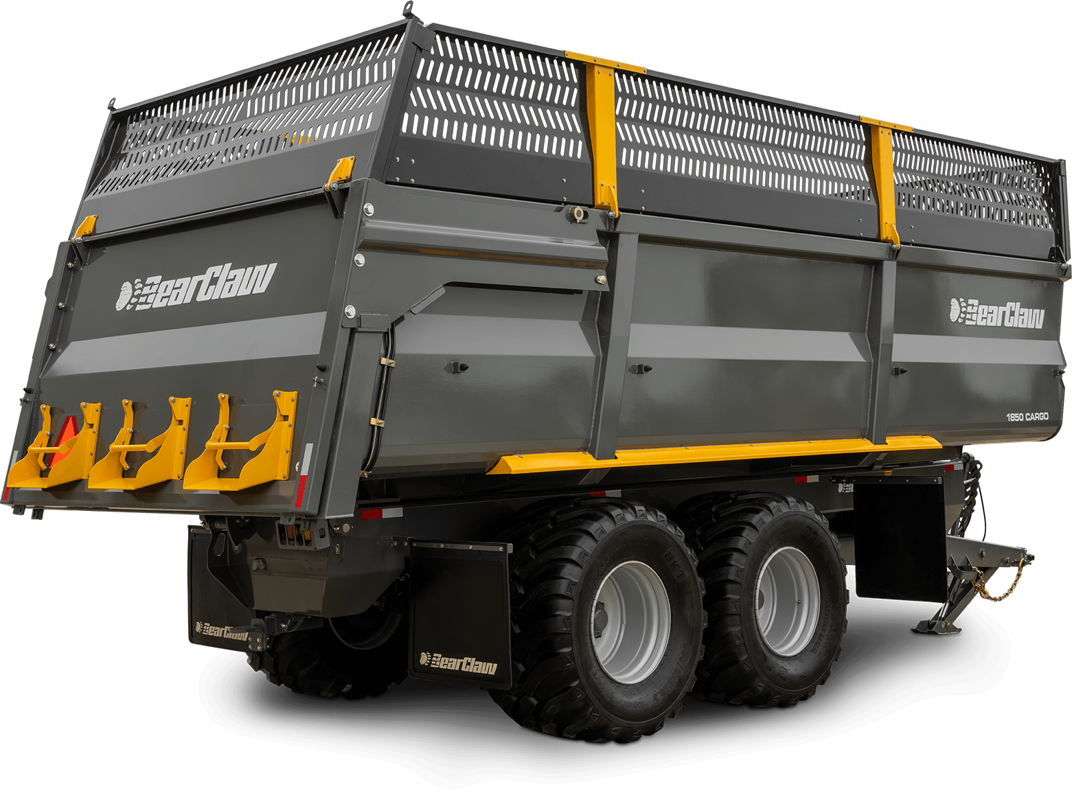A large gray and yellow utility dump trailer with heavy-duty tires and a high-sided cargo bed, branded with 'GearClaw' logo.