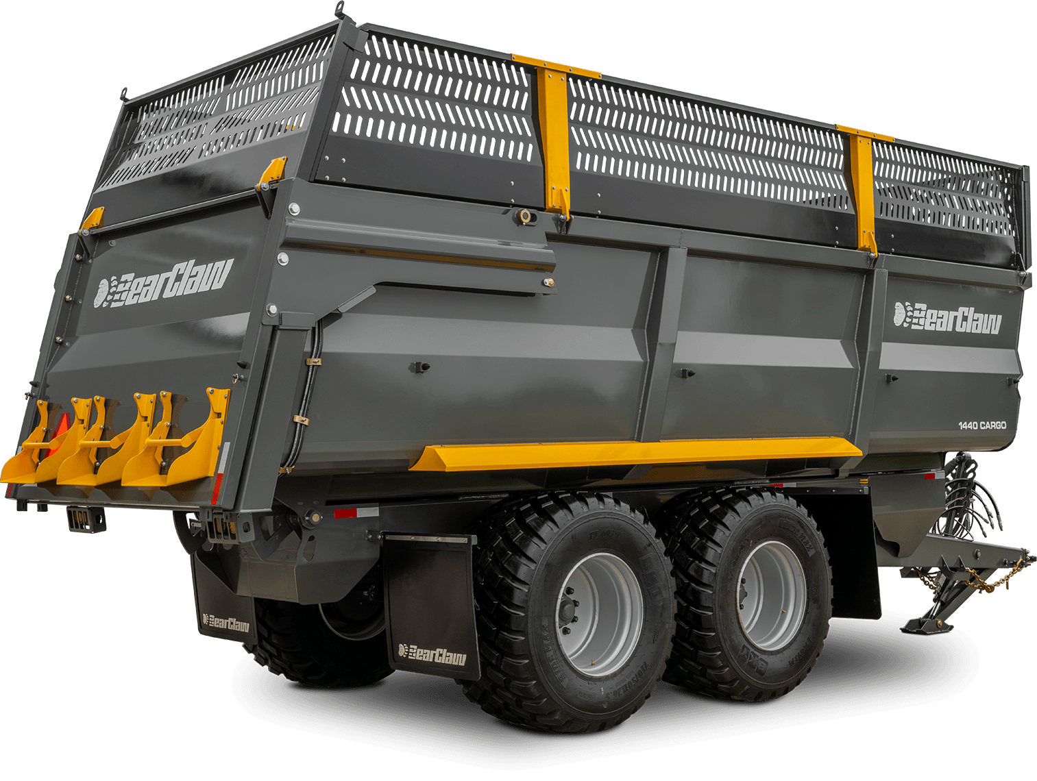 A large gray BearClaw dump trailer with yellow accents, large rugged tires, and a black background.