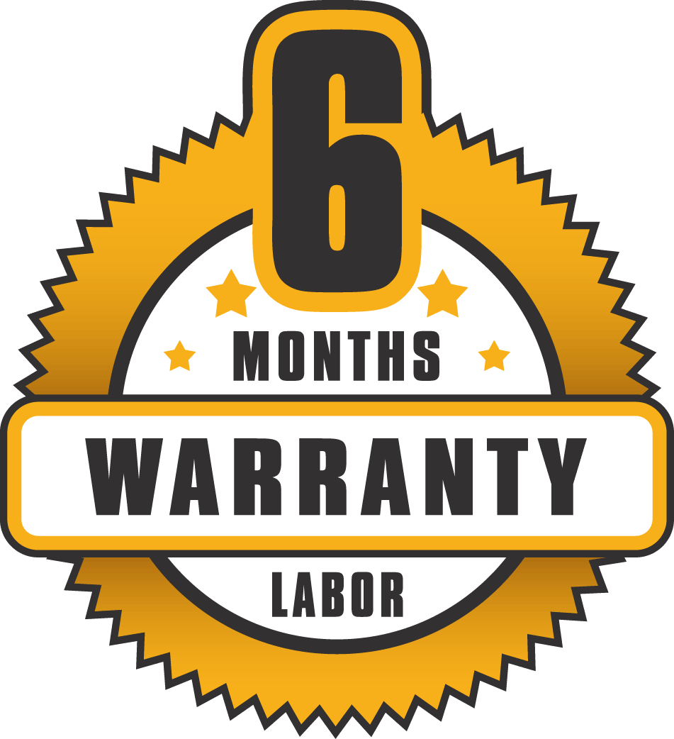 Badge indicating 6 months of warranty and labor coverage.