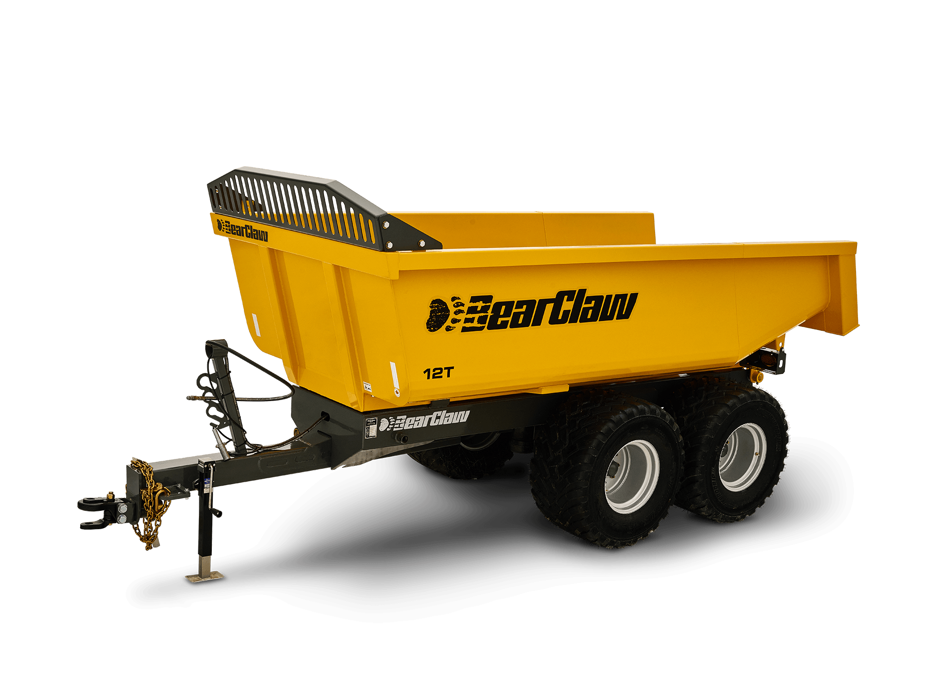 Yellow heavy-duty utility trailer with four large black rubber tires, black chassis, and a black hitch, labeled with 'BearClaw' logo and capacity '12T'.