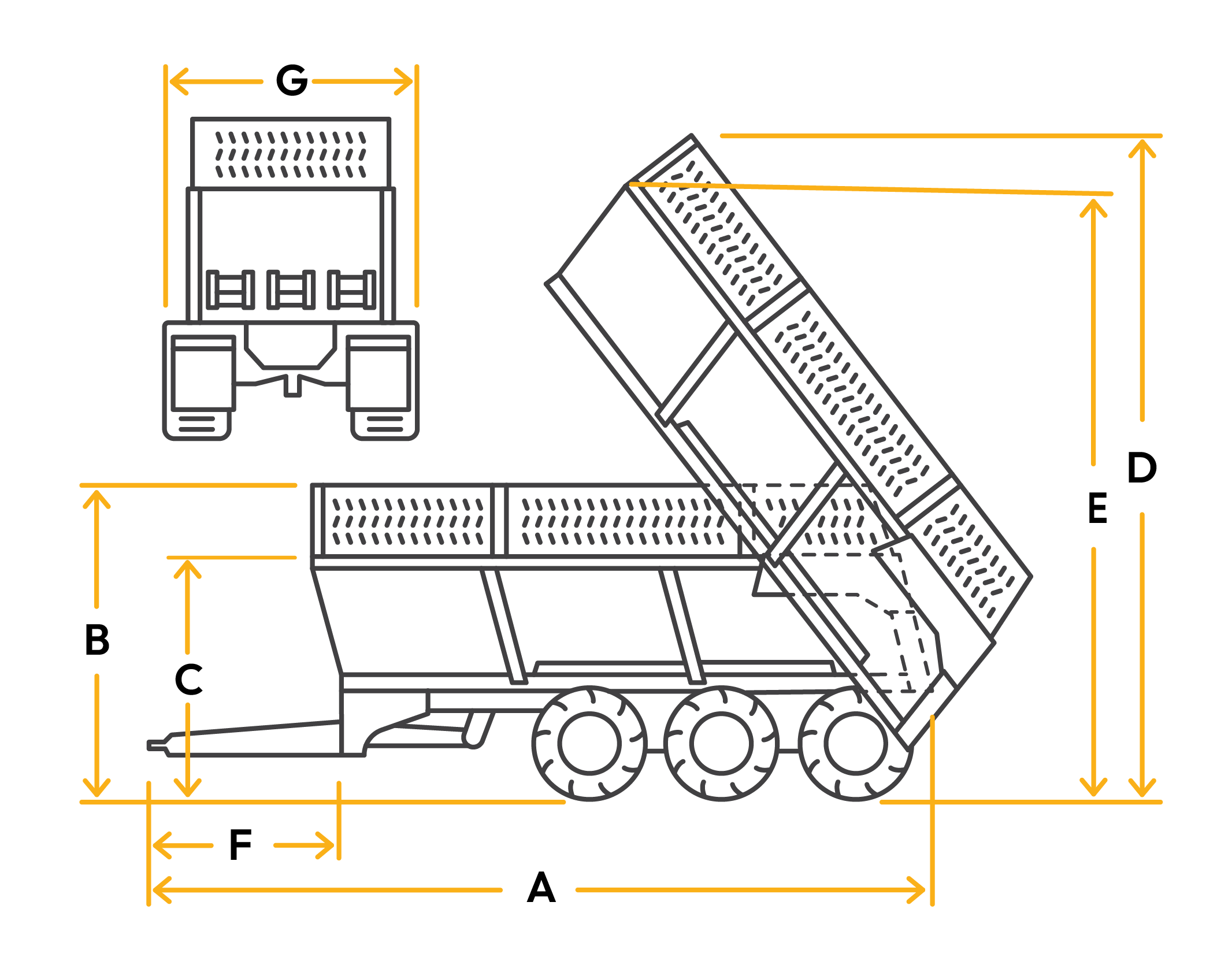 Technical drawing of a construction vehicle with detailed measurements and dimensions in yellow annotations.