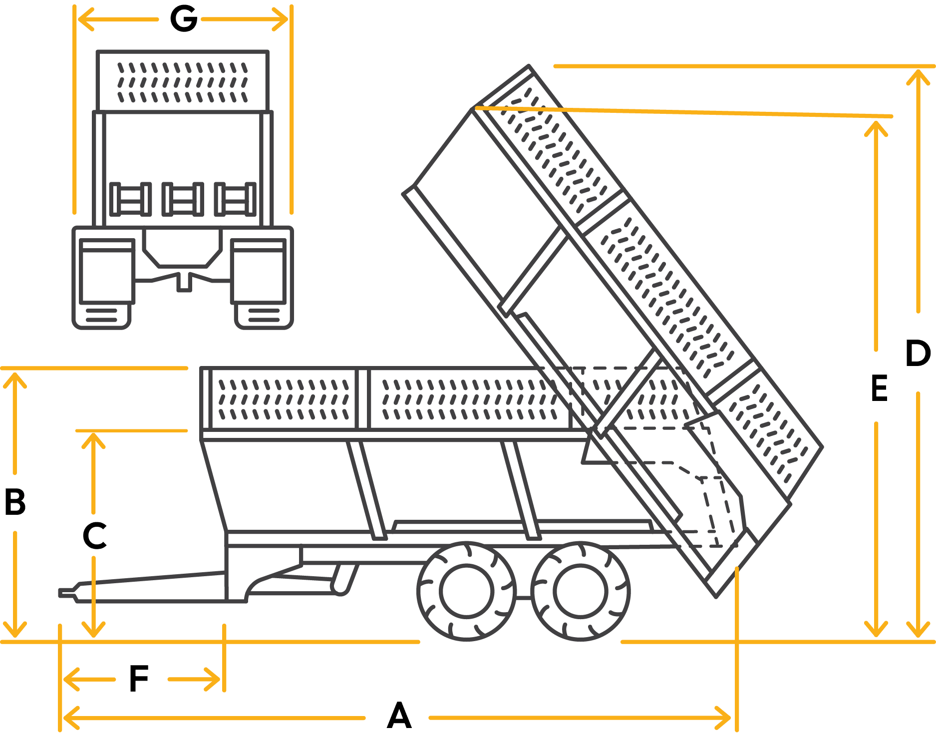 Technical drawing of a dump truck with detailed measurements and dimensions in yellow annotations.