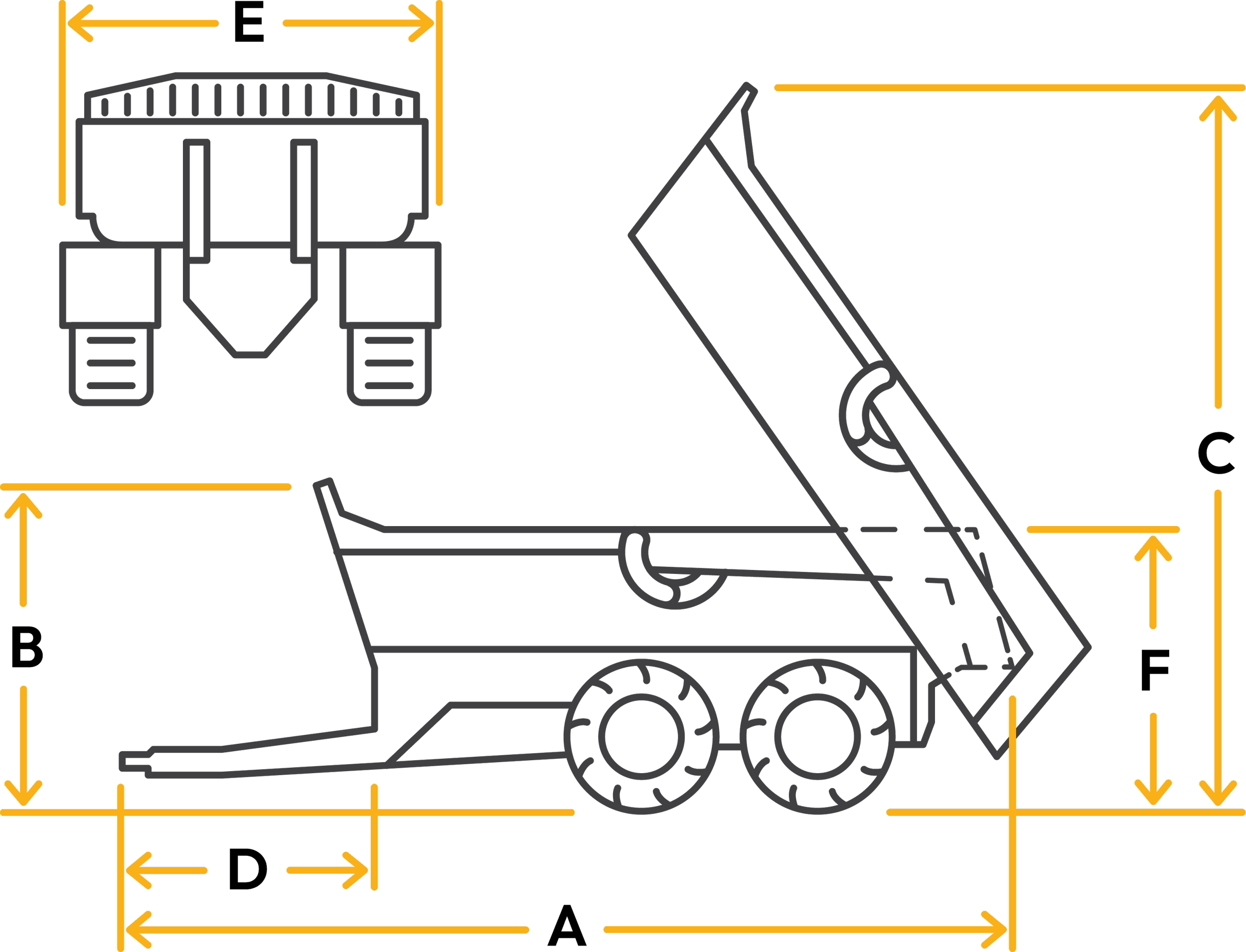 Technical drawing showing a front view of a mechanical part on the left and a side view on the right on a black background with yellow measurement lines.