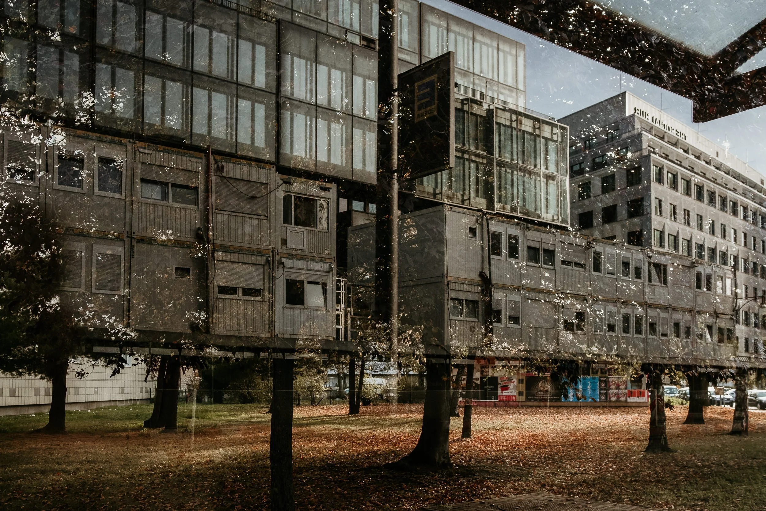 A modern, multi-story building with glass and metal architecture, reflecting trees and the sky on its surface, with a park and trees in the foreground.