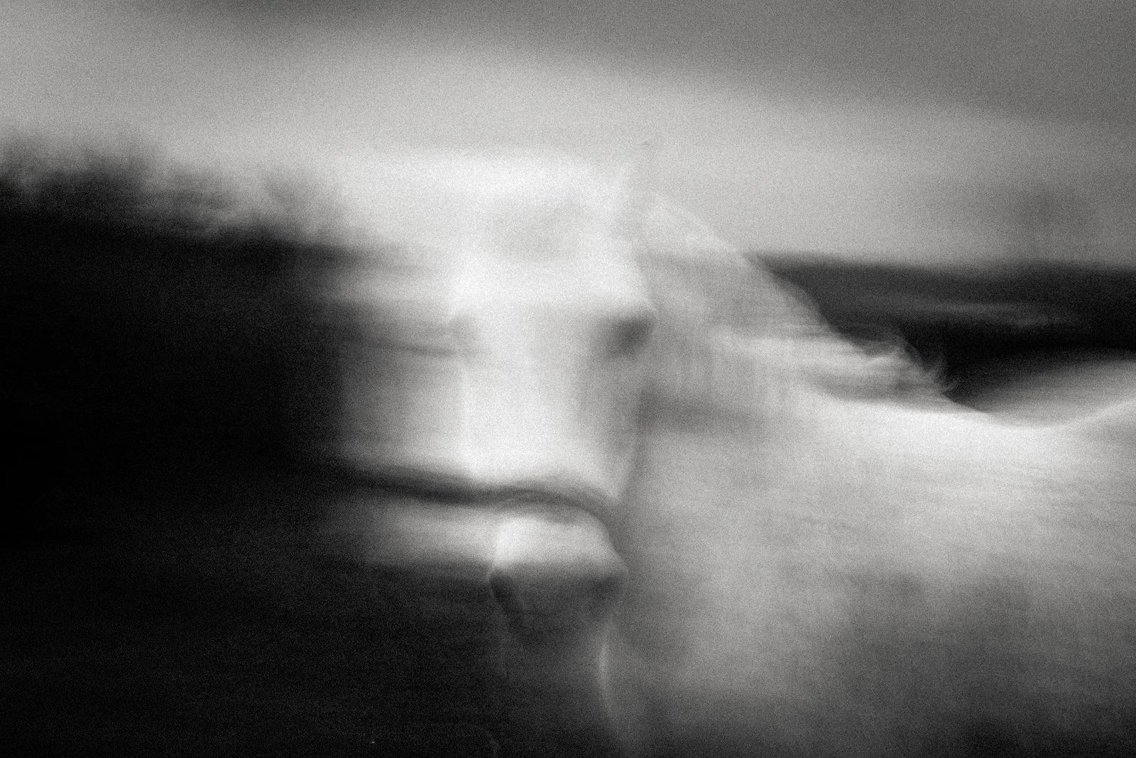 Abstract black and white photograph of a woman's face in profile with motion blur.