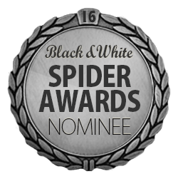 An award badge for the Black & White Spider Awards Nominee, featuring a circular design with a laurel wreath border and a silver and black color scheme.