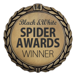 A circular trophy or award medallion with a gold center and black outer ring. It reads 'Black & White SPIDER AWARDS WINNER' with the number 14 at the top.