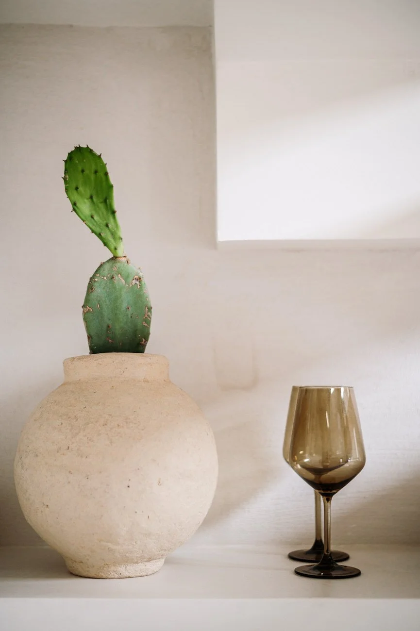 A potted cactus plant in a textured, round, beige ceramic vase next to a gold-tinted wine glass on a white surface with a neutral wall background. Hotels, Villas, Airbnb photography. Paxos, Greece.