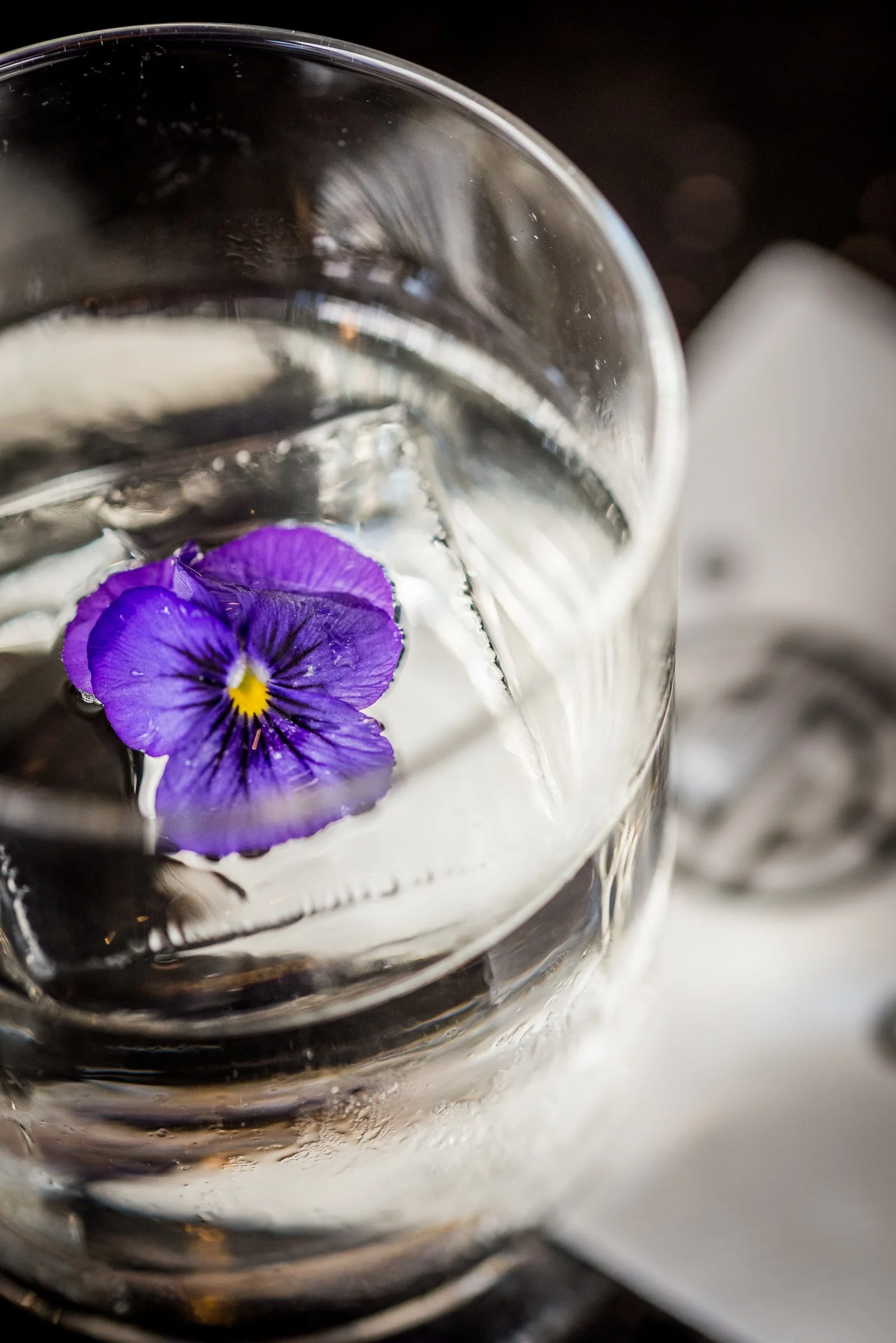 A glass of water with a purple flower floating on top.Hotels, Villas, Airbnb photography. Corfu, Greece.
