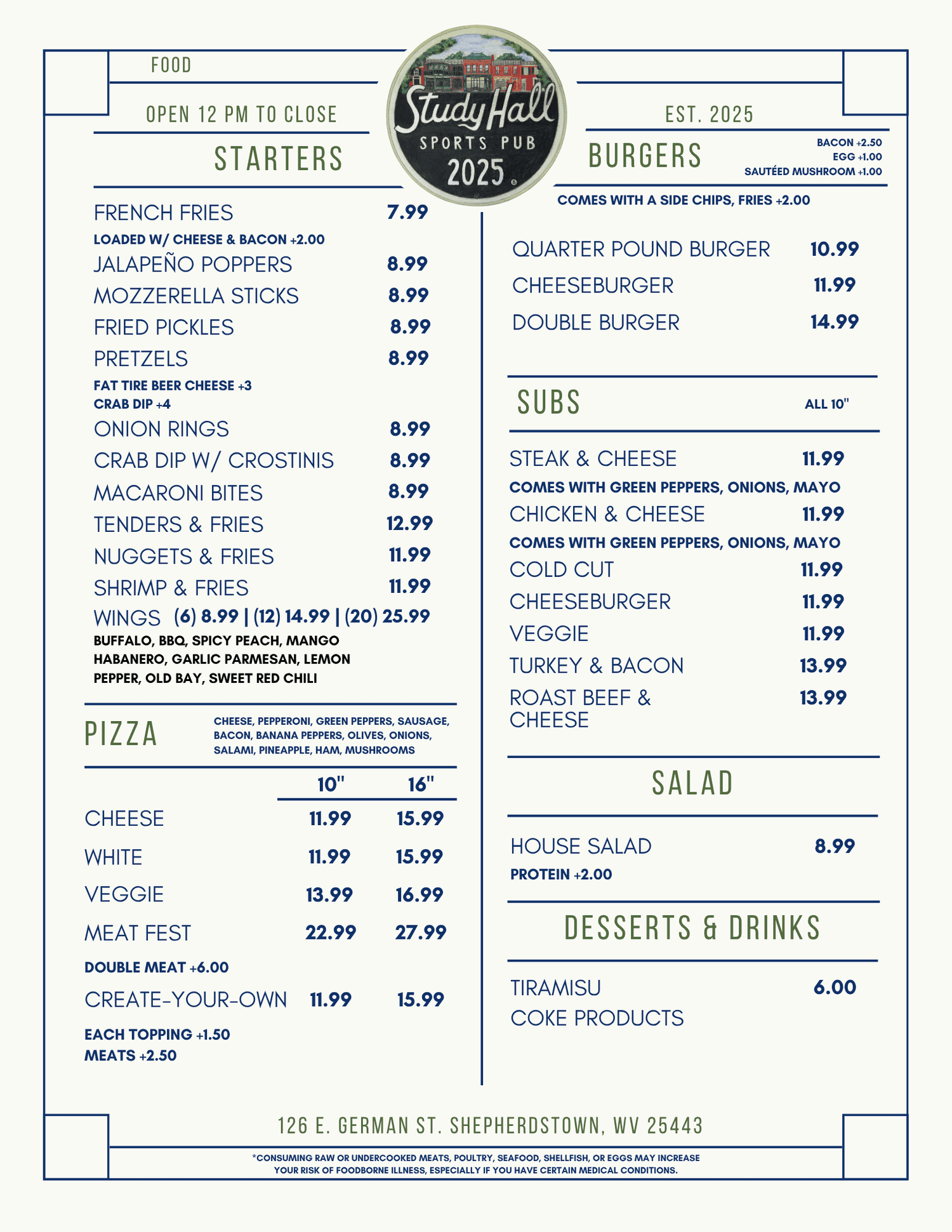 Menu — Study Hall Sports Pub