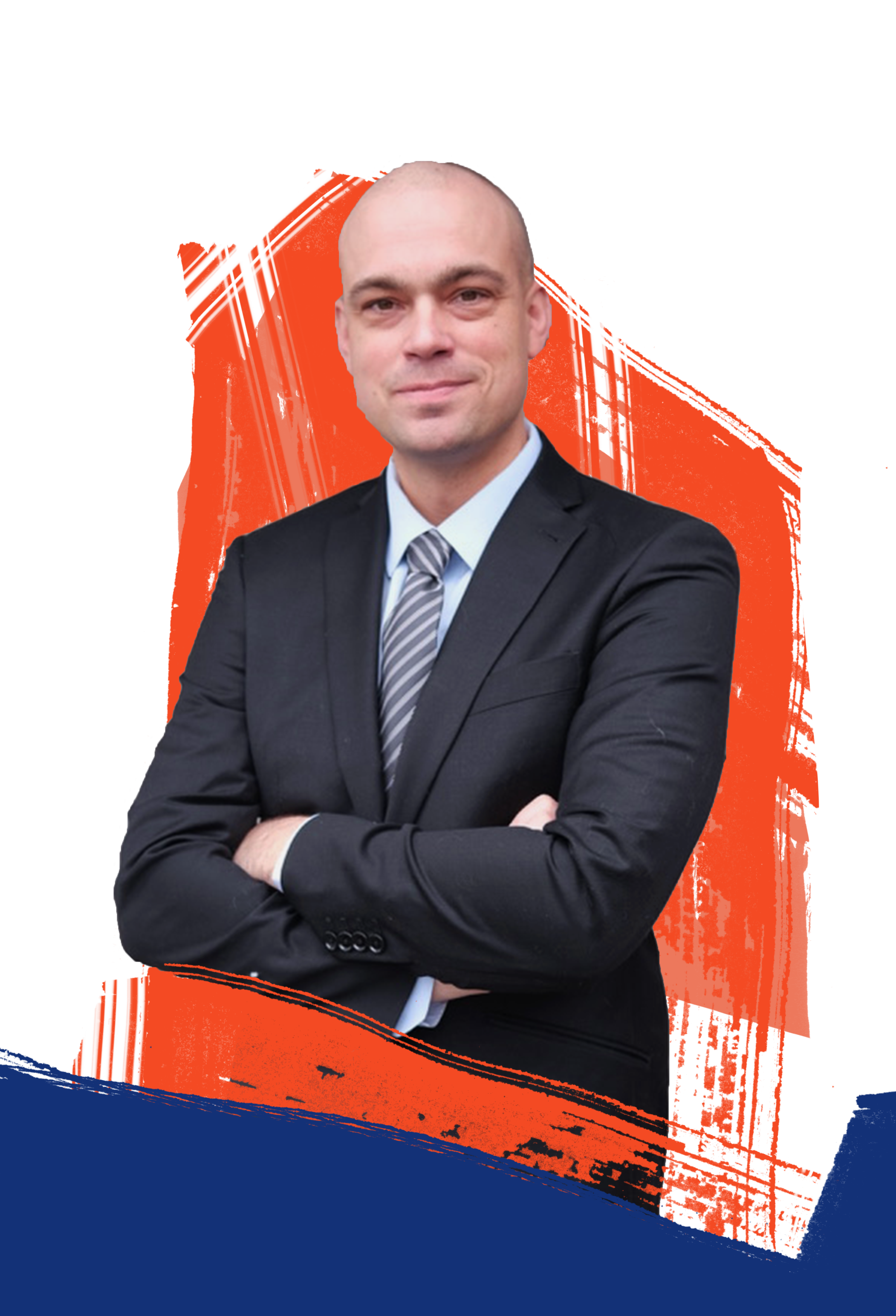 Professional man with a confident smile, arms crossed, wearing a suit and tie, standing against a vibrant background with abstract orange, red, and blue brush strokes.