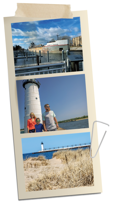A collage of three photos featuring a waterside scene with Manistee North Pier Lighthouse, a family near the water, and a sandy beach with dunes and a lighthouse in the distance.