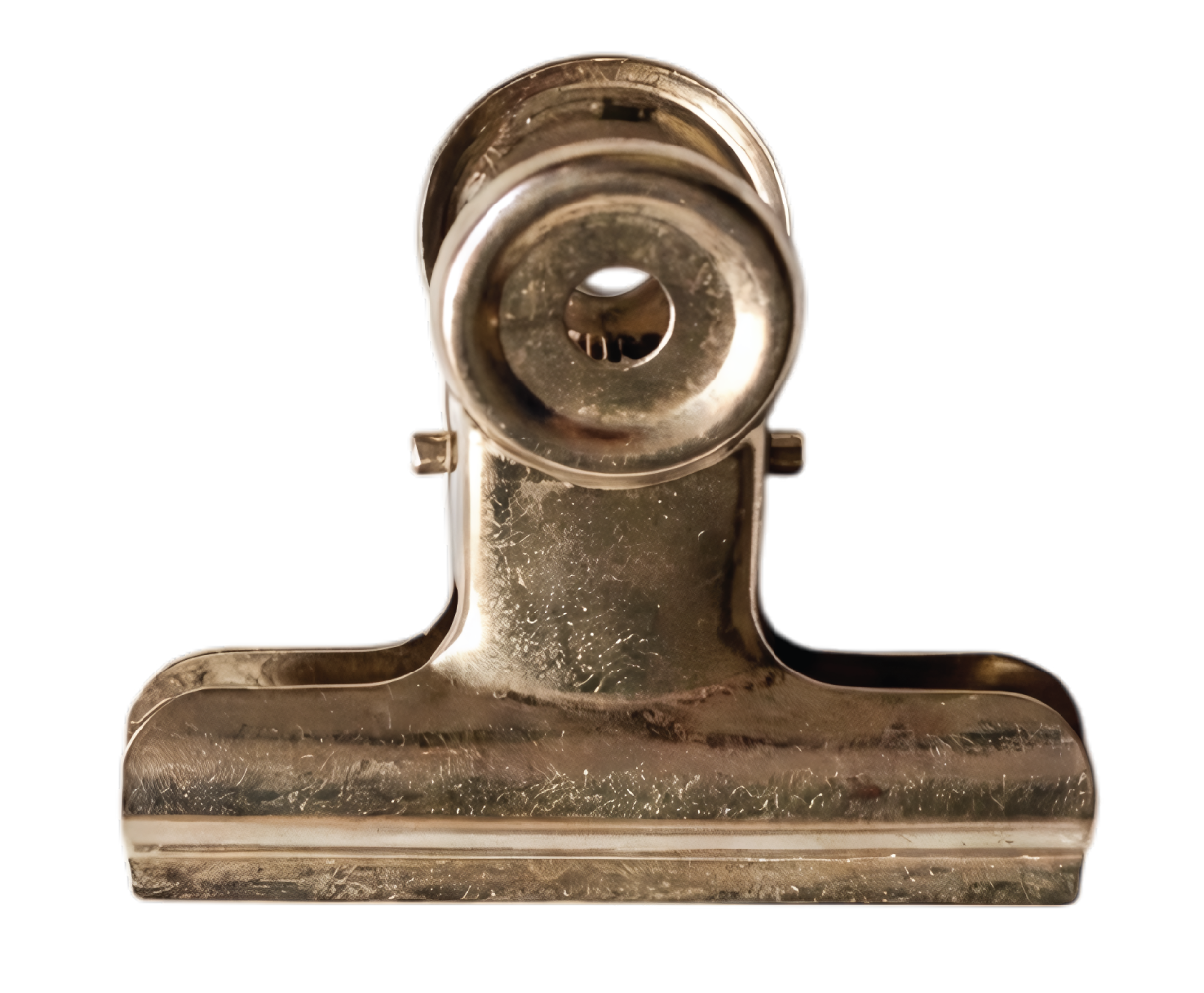 Close-up view of a metallic bulldog clip.